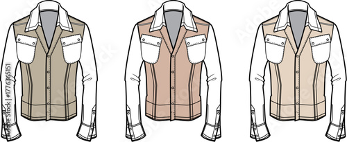 Three fashion outerwear designs showcasing stylish jackets with various color palettes and features