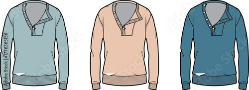 Men's long sleeve henley pullover sweatshirt technical flat sketch. Vector illustration set for fashion design and apparel mock-ups in different colors