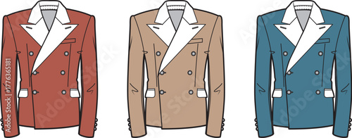 Collection of men's double-breasted blazers with contrast lapels in three color variations as a fashion illustration set
