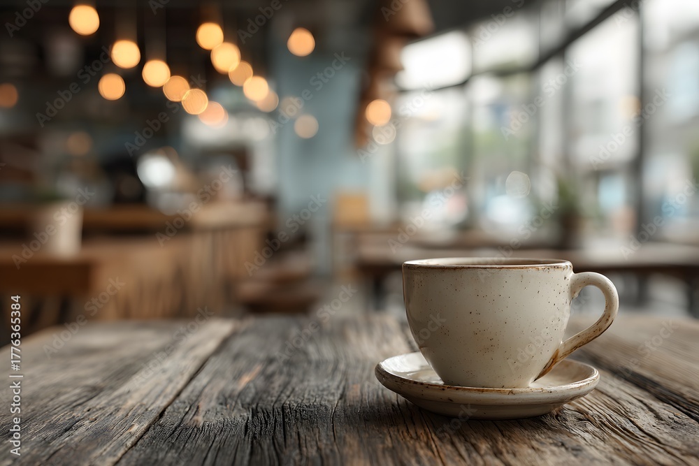 Fototapeta premium Clean, minimalist photo of a simple off-white coffee cup resting on a rustic wooden table, with a brightly lit but completely blurred cafe interior.