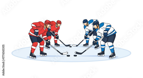 Illustrated scene of professional hockey players in a face-off on an ice rink. Sports team competition concept vector graphic