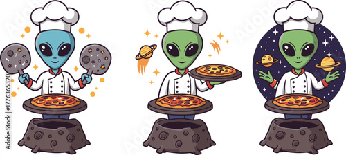 Cute alien chef cooking pizza in space, funny extraterrestrial baker character making cosmic food cartoon illustration