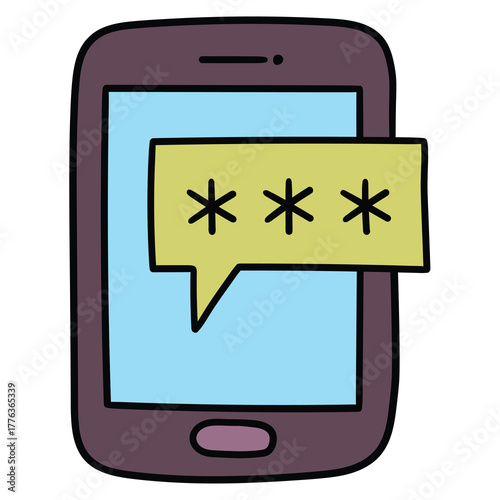 Hand-drawn cartoon mobile phone or smartphone with password on a white background.