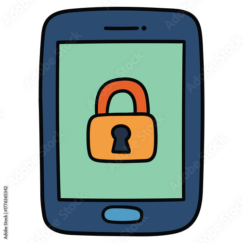Hand-drawn cartoon mobile phone or smartphone with padlock on a white background.