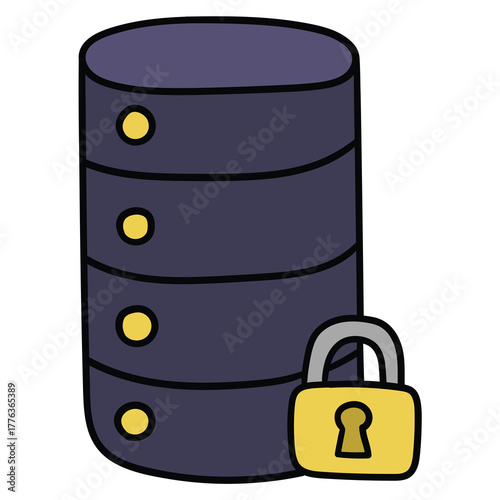 Hand-drawn cartoon server with padlock on white background.