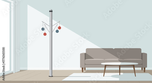A minimalist interior scene featuring a sofa, a coffee table, and a decorative coat rack with ornaments.