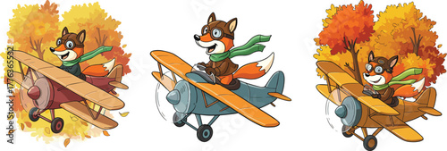 Cute cartoon fox pilot flying airplane, autumn forest background, adorable animal aviator illustration for kids and adventure themes