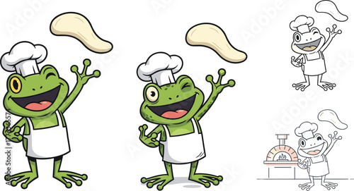 Cute cartoon frog chef tossing pizza dough, funny amphibian cook character with line art versions for kids design