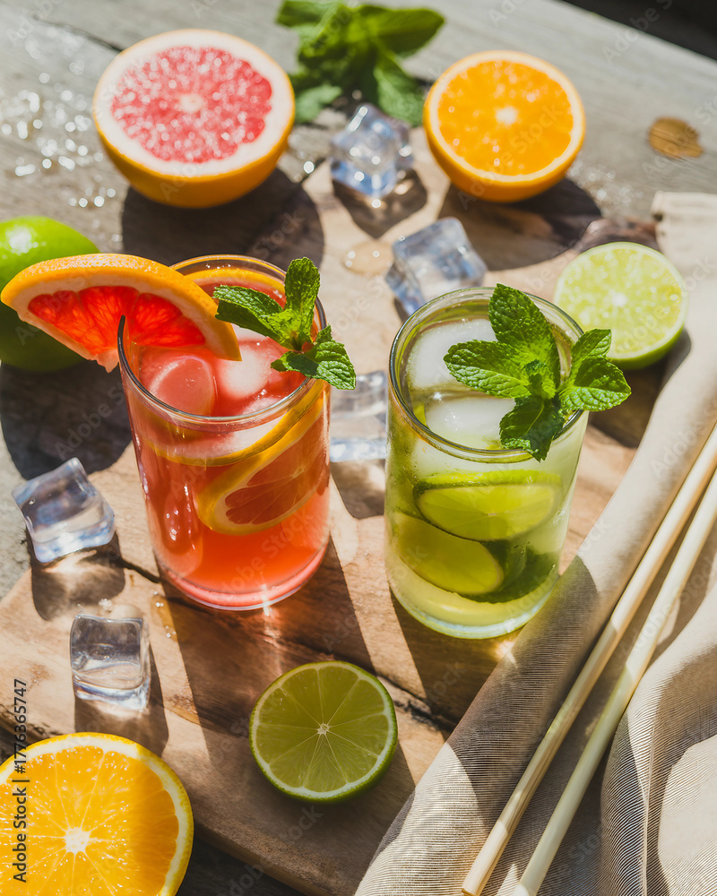 Fototapeta premium Refreshing Summer Citrus Mocktails with Ice and Fresh Mint on Stone Surface 