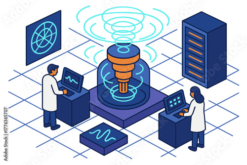 Researchers in laboratory with advanced quantum computing technology in isometric style