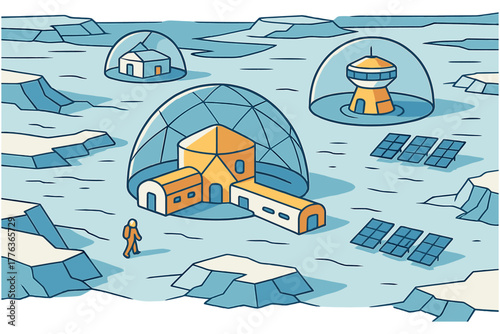 Isometric futuristic lunar colony with domes and solar panels