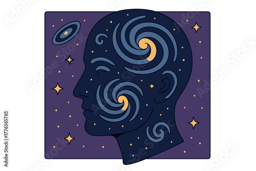 Abstract cosmic human head with swirling galaxy patterns in flat style