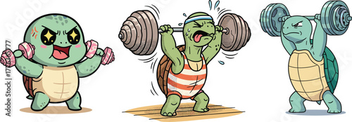 Cute cartoon turtle lifting weights, adorable gym animal illustration, strong tortoise exercising, fitness and workout character art design