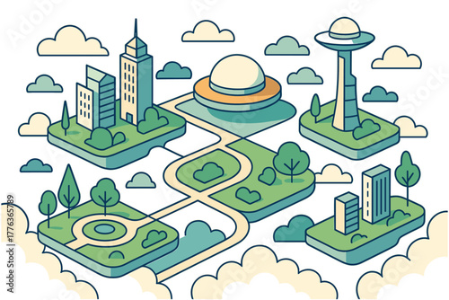 Futuristic cityscape in isometric style with green spaces and modern architecture