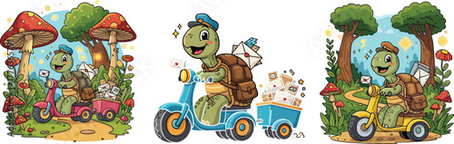 Cute cartoon turtle mail carrier riding scooter delivering letters through forest with mushrooms and happy nature background illustration