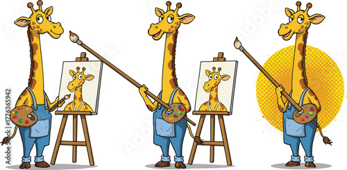Papier peint Cute giraffe artist painting self-portrait on canvas, funny cartoon animal paint