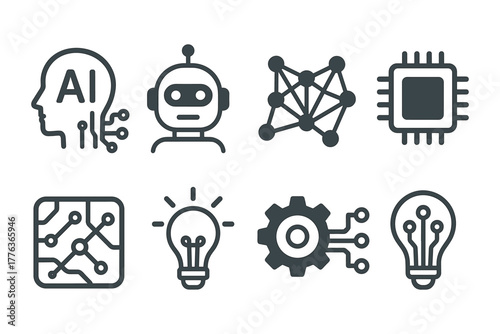 Minimalist artificial intelligence icons: robotics, neural networks, and circuitry