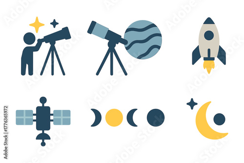 Astronomy icons: telescopes, planets, rockets, and celestial symbols in flat design