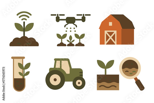 Smart farming icons featuring drone technology and sustainable agriculture elements