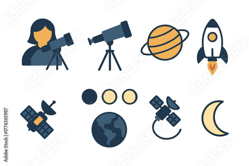 Space exploration icons featuring telescopes, satellites, and celestial bodies in minimalist style