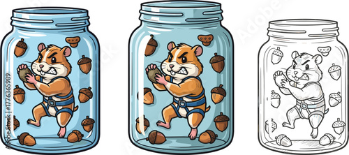 Cute hamster superhero trapped in glass jar with acorns, funny cartoon animal illustration, creative concept for comic design