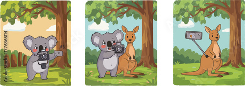 Cute koala and kangaroo taking photos, cartoon Australian animals with camera and selfie stick in nature background