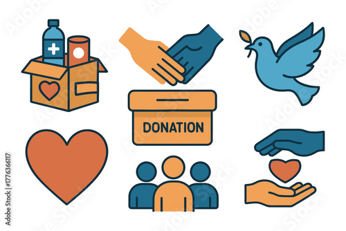 Humanitarian aid flat icons set featuring donation, peace, and charity symbols