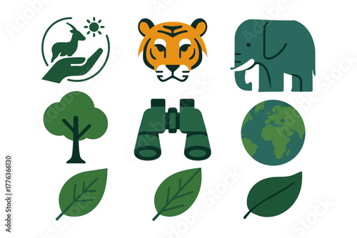 Wildlife conservation icons: nature, animals, and ecology in a flat design