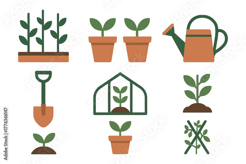Minimalist garden tools and plants icons for home gardening enthusiasts