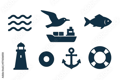 Nautical icons set: marine silhouette of ship, anchor, lighthouse, bird, waves, and lifebuoy