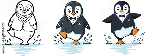 Cute penguin dancing happily in tuxedo suit, adorable animal cartoon illustration, funny arctic character splashing water art for kids