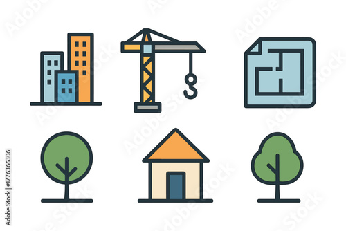 Urban construction and architecture icons with buildings, crane, blueprint, and trees in flat design