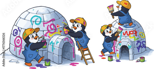 Cute penguins painting igloo with colorful graffiti, funny cartoon animals in overalls creating winter art with paint