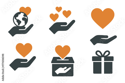Charity and giving icons set: hand holding heart symbol collection