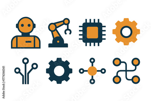 Minimalist technology icons featuring robots, gears, and circuitry elements