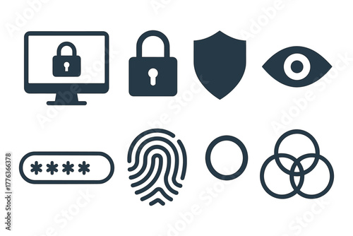 Cyber security icons: lock, shield, eye, and fingerprint in modern flat design