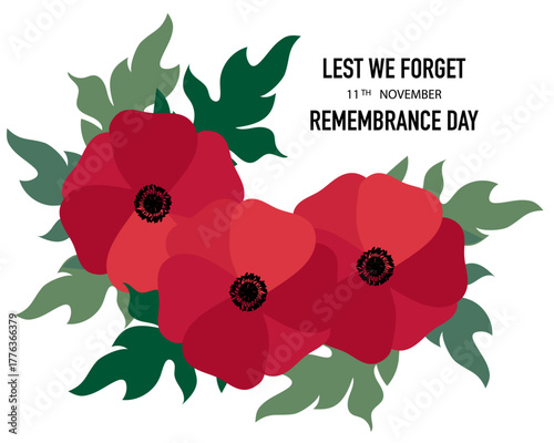 Remembrance Day background. Bright Poppy Flowers. Remembrance Day 11th November. Lest We Forget. Vector.