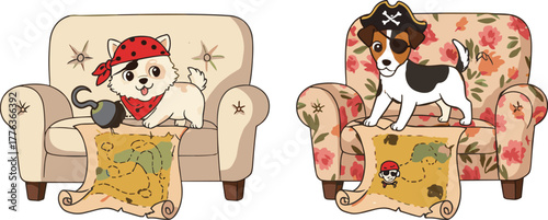 Cute pirate dogs with treasure maps on armchairs, cartoon puppy pirates adventure illustration for children and pet lovers