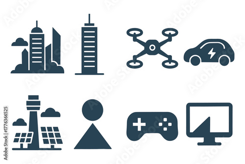 Futuristic icons of technology and urban life in simple style