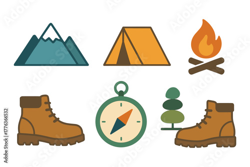 Outdoor adventure icons: camping tent, mountain, boots, compass, campfire in flat design