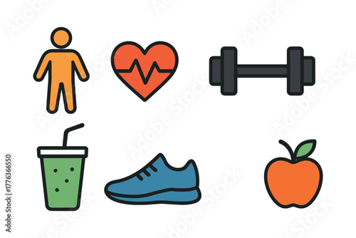Simple fitness icons: heartbeat, dumbbell, juice, running shoe, apple, person silhouette