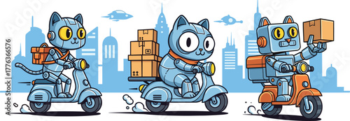 Cute robot cats riding scooters delivering packages in futuristic city, cyber courier feline characters, delivery concept illustration