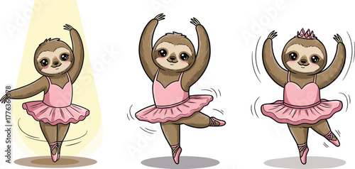 Cute sloth ballerina dancing in pink tutu, adorable animal performing ballet on stage, funny sloth in graceful dance pose