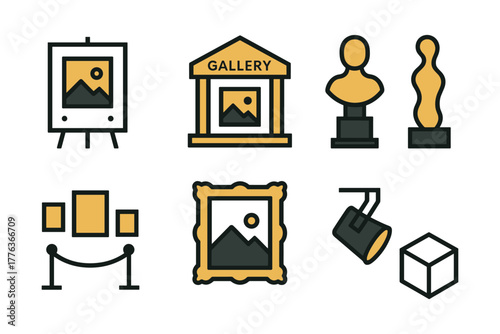 Minimalist art gallery icons set featuring sculptures, paintings, and exhibits in linear style
