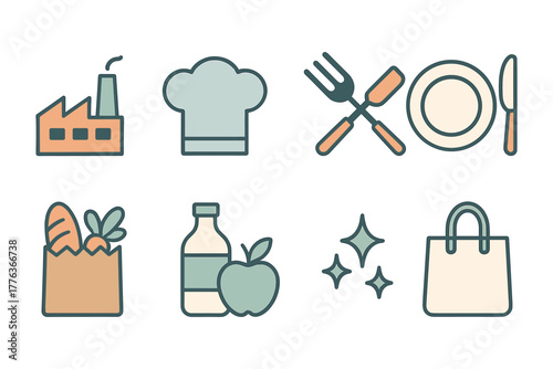 Minimalist kitchen essentials and grocery icons set for culinary themes