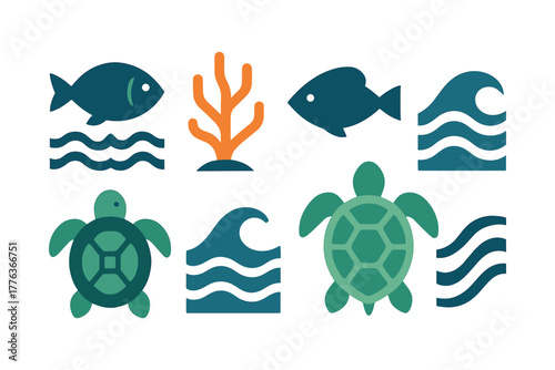 Aquatic life icons: fish, turtles, coral, and waves in flat design