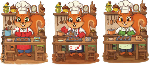 Cute squirrel baker cooking cookies in cozy kitchen, cartoon animal chef with apron and hat baking sweet treats