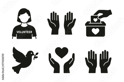 Charity and volunteer icons: hands, heart, dove, and donation box in black silhouette