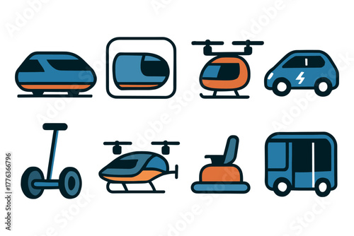 Futuristic urban transportation icons in modern linear style