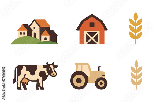 Charming farm scene with barn, cow, tractor, and wheat in flat style